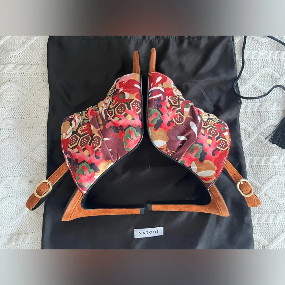 New! Natori Vibrant Patterned Slingback Satin & Leather Heels Various Sizes - Picture 9 of 13